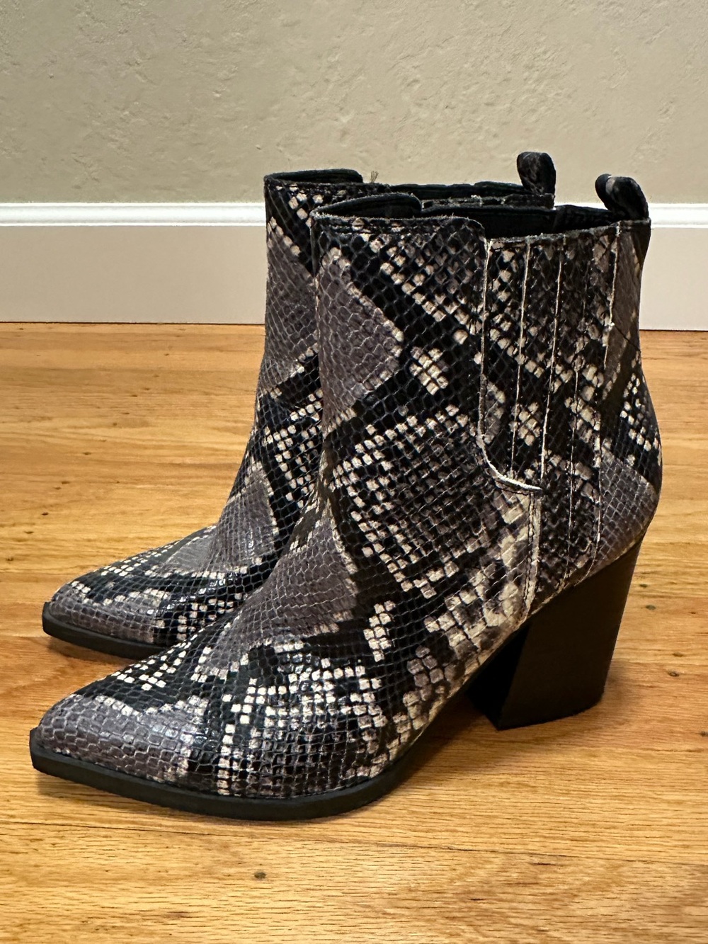 Marc Fisher Snake-Print Pointed Ankle Boots - Black & Gray